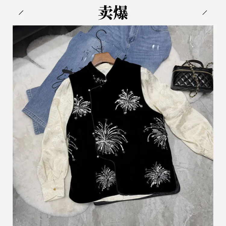 【锦簇芳华】新中式拜年刺绣丝绒马甲女国风红色圆领新年氛围感上衣