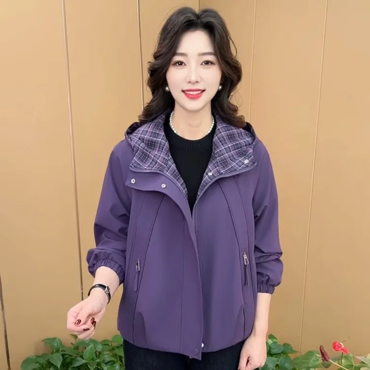 秋季新款时尚连帽轻奢宽松中老年女装纯色休闲百搭风衣外套K8803