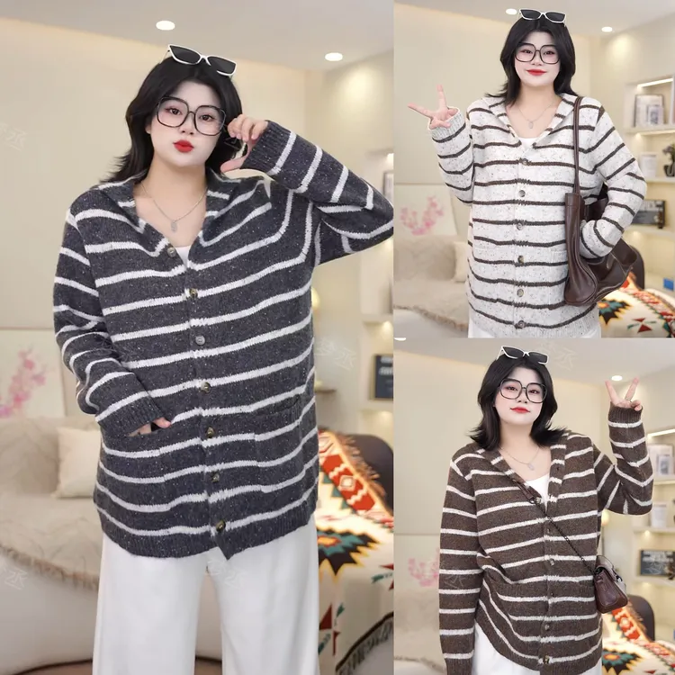 梦丞【条纹絮絮】冬季显瘦胖mmV领连帽彩点条纹宽松时尚针织开衫女