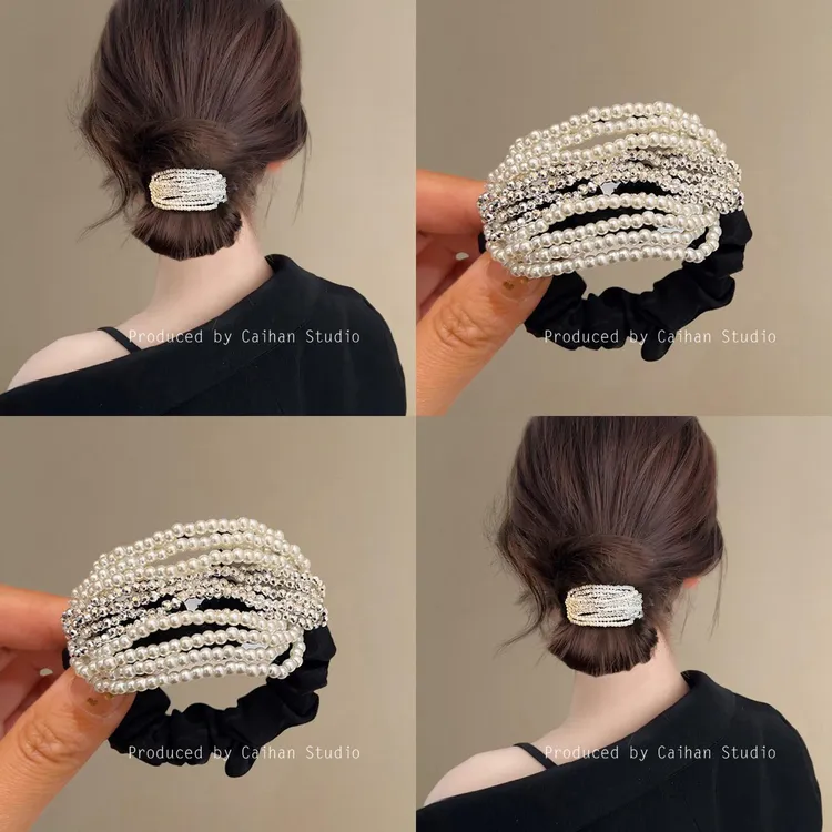 珍珠霜华~法式水钻串珠发圈女高级感精致感气质皮筋发绳旅行发卡