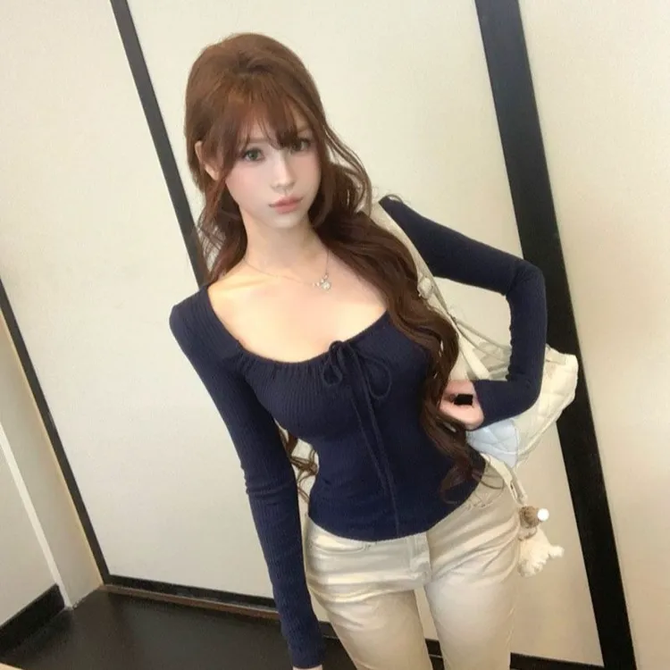 方领绑带长袖咖色T恤女秋冬新款