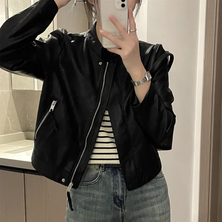 「复古港风 皮衣夹克外套」优质蛋白皮 春秋简约圆领百搭帅气机车服