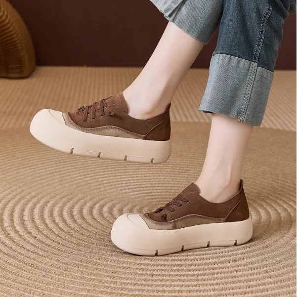 纪诗哲女鞋厚底增高拼色圆头板鞋女秋季新款真皮低帮运动休闲鞋