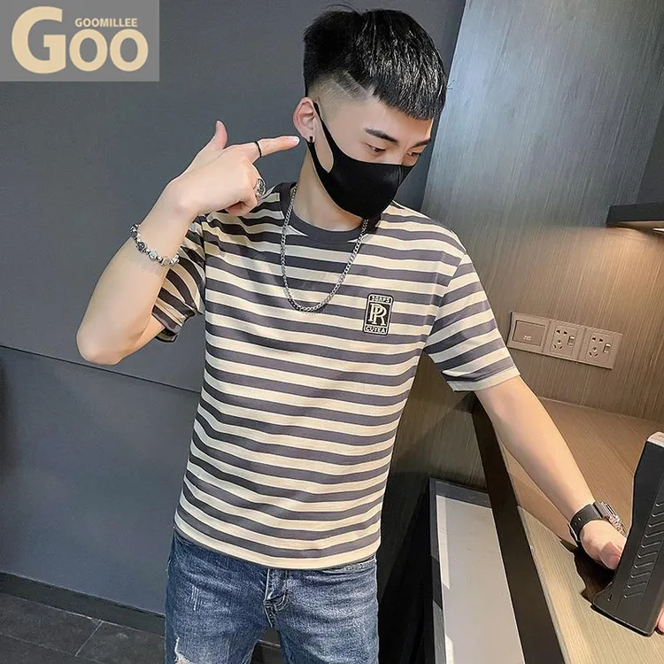 刺绣t恤男潮牌条纹短袖夏季痞帅半袖2025新款休闲衣服半截袖体恤t