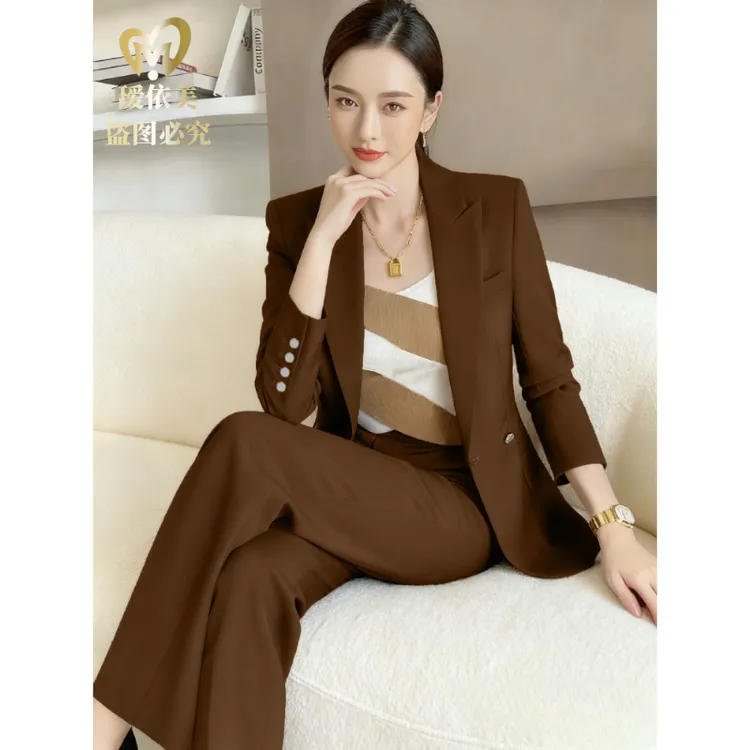 升级款咖啡色高端西装外套女士时尚西装套装阔腿裤时尚显瘦遮肉