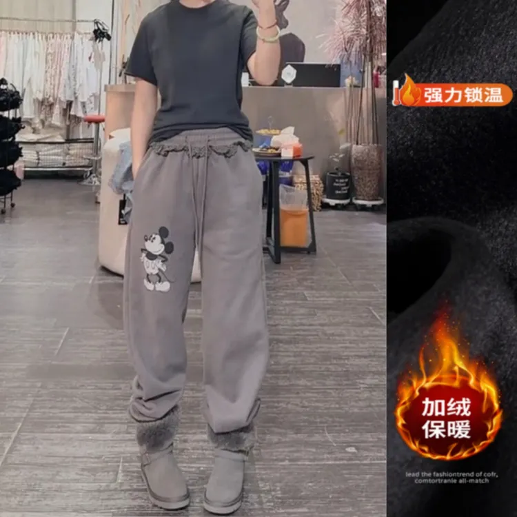 景倩妮灰色减龄印花蕾丝边休闲裤2025冬季新款加绒显瘦九分束脚裤
