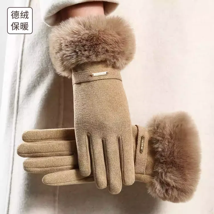 女士保暖手套德绒防风防寒触屏骑行开车加绒加厚户外旅游冬季手套