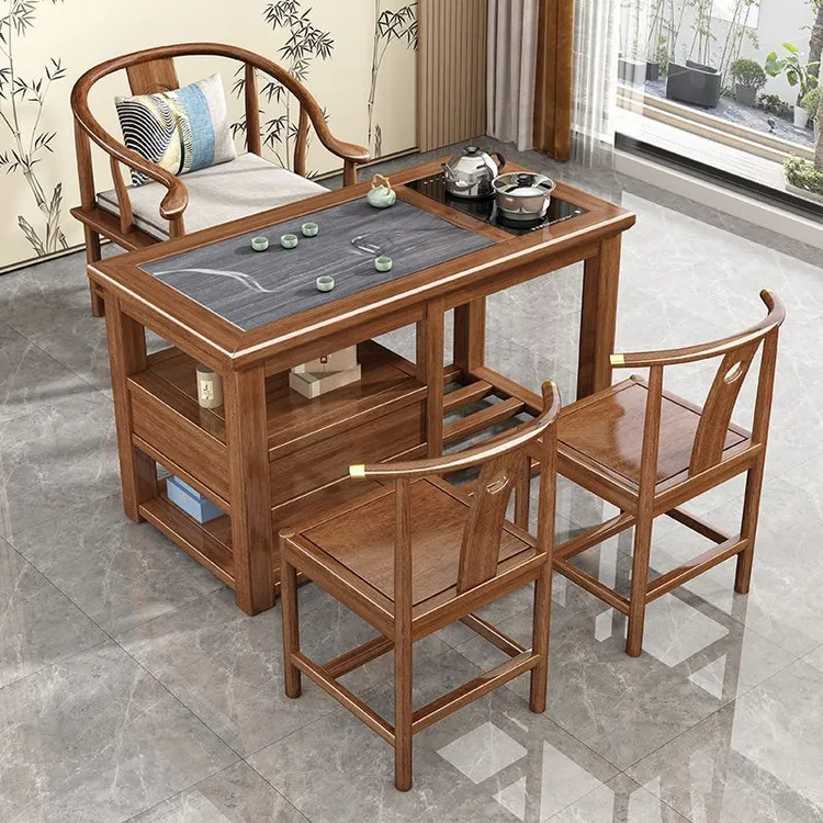 阳台小茶桌椅三件套烧水壶茶盘一体嵌入式家用迷你茶台实木小茶几