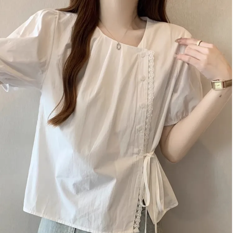 设计感白色短袖衬衫女夏季2025新款大码胖mm宽松遮肚系带正肩上衣