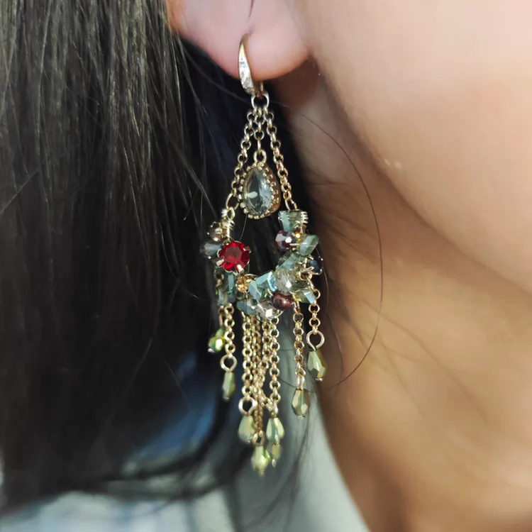 合金仿水晶耳饰 长款水晶流苏耳饰耳夹女无耳洞方圆脸耳钉纯银钩