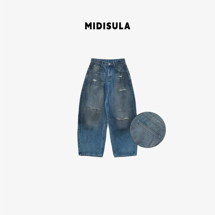 MDSL·秋冬复古街头休闲风破洞高腰宽松显瘦脏脏直筒牛仔裤#02286