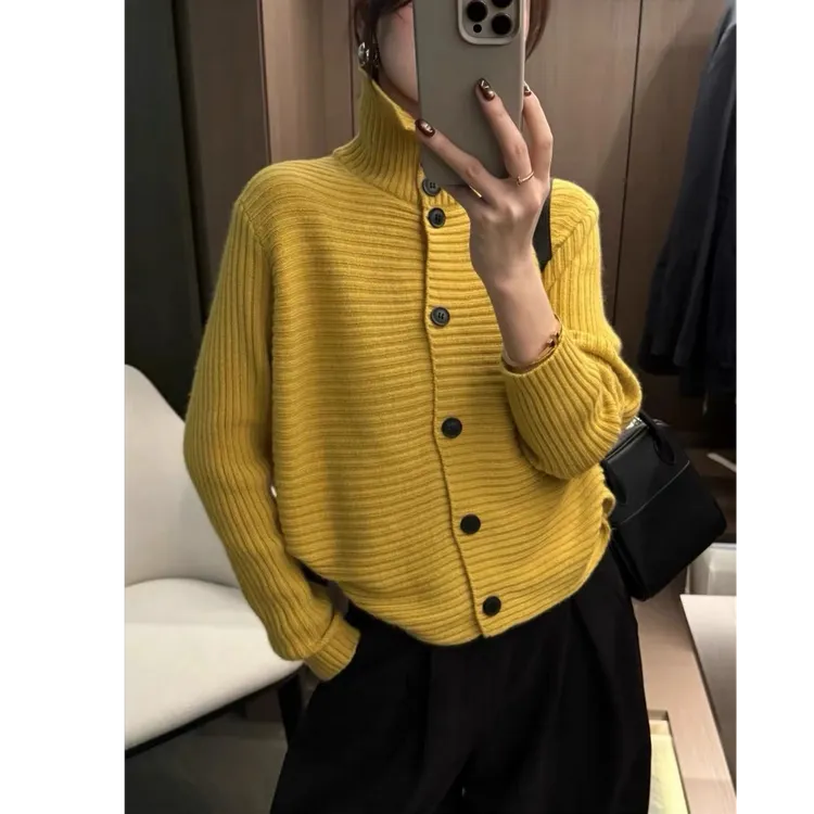 【原版定制】韩系复古坑条高领毛针织开衫女欧洲站冬装新款欧货女装