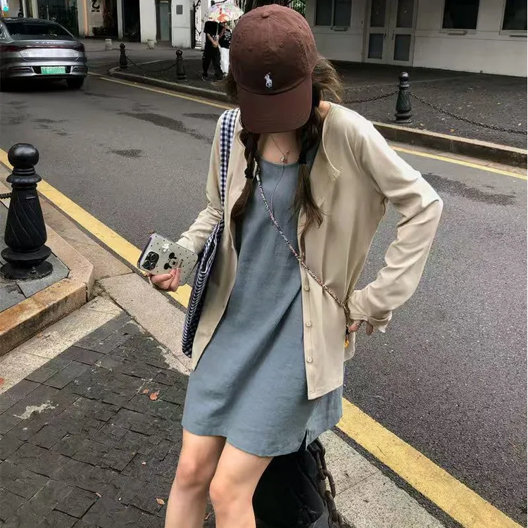 慵懒休闲韩系套装女夏季2025新款长袖开衫外套打底背心裙两件套潮