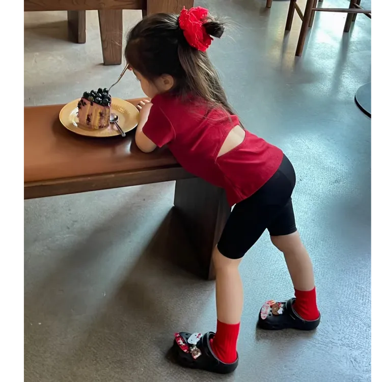 壹妈韩范童装女童时髦套装夏季新款洋气小女孩纯色露背上衣打底裤