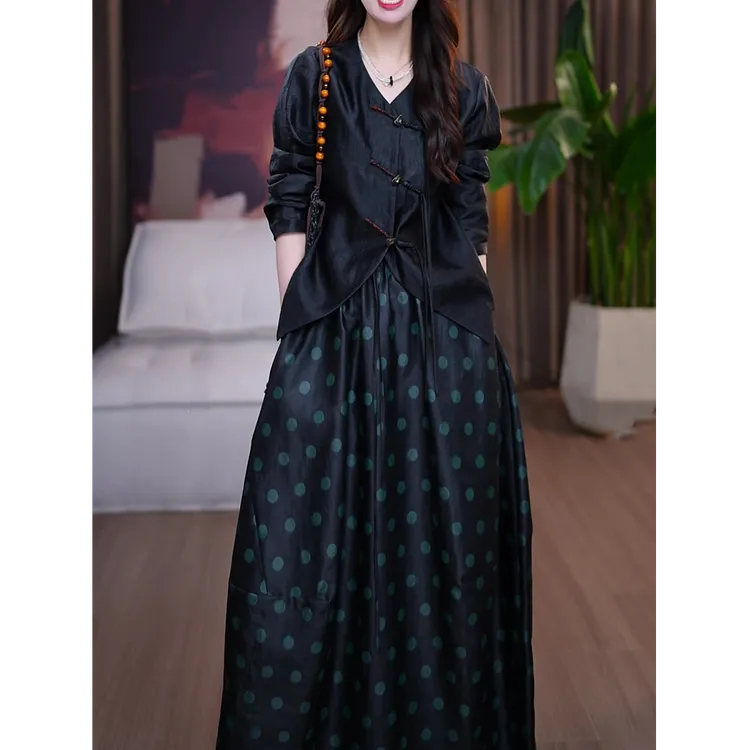 新中式时尚套装女2025秋装新款国风气质显瘦长袖衬衫+波点半身裙
