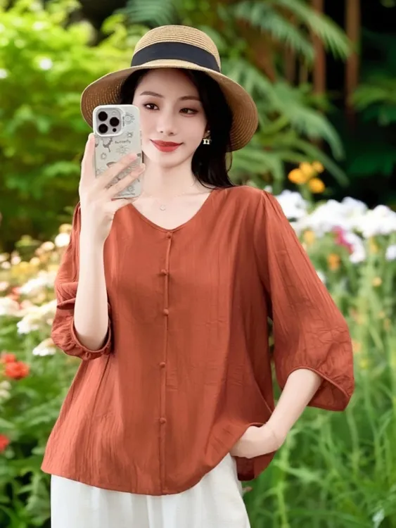 常规纯色宽松型时尚中老年女装大码小衫气质遮肚中袖夏季显瘦休闲