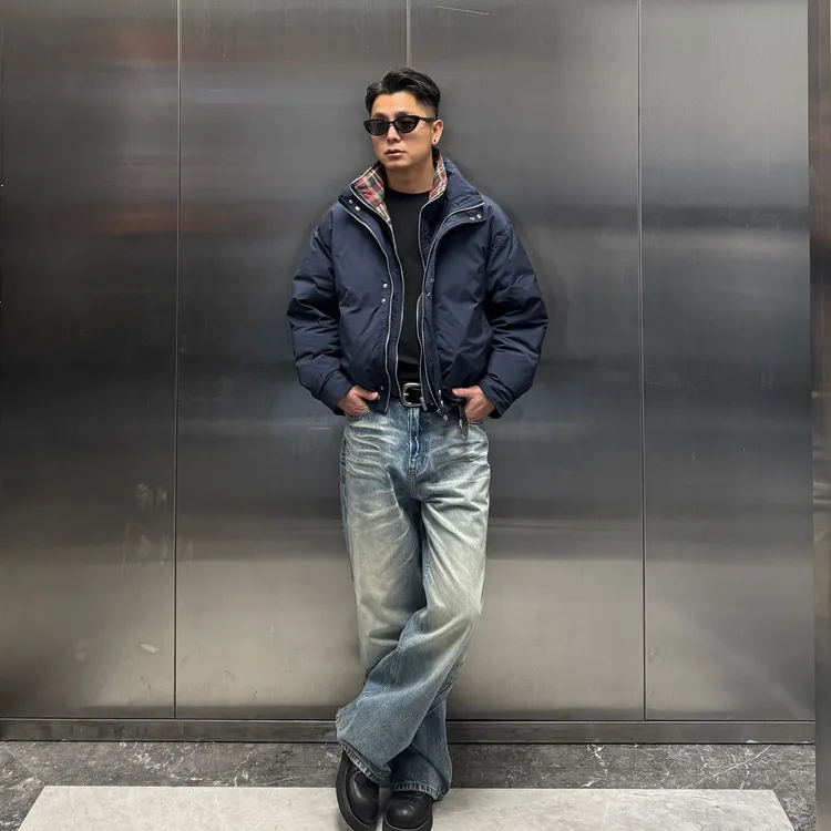 GP2 2025aw假两件90白鸭绒哈灵顿夹克厚外套冬季男格纹拼接羽绒服