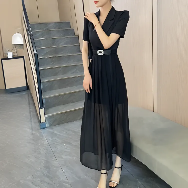 腰带气质中长款高腰黑色设计感显瘦雪纺网红洋气炸街女装