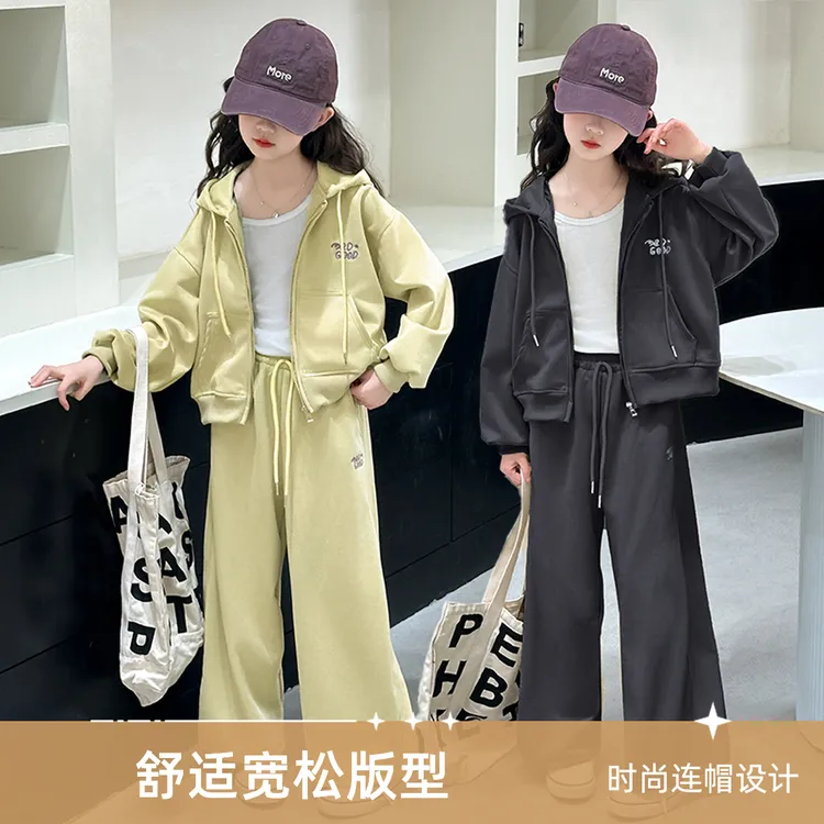 休闲风薄款韩版女春秋大童套装时尚舒适网红时髦春季连帽卫衣两件