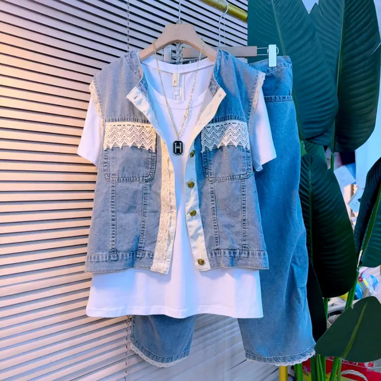 9188欧洲站时尚刺绣蕾丝花边拼接气质牛仔马甲套装