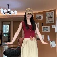 夏春茶高密棉纯欲U领遮副乳修身高弹背心女夏可外层宽边吊带上衣
