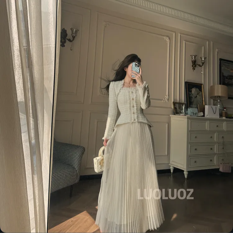 【现货】LUOLUOZ【浓秋暮色】假两件时尚流苏收腰长款连衣裙JF1050