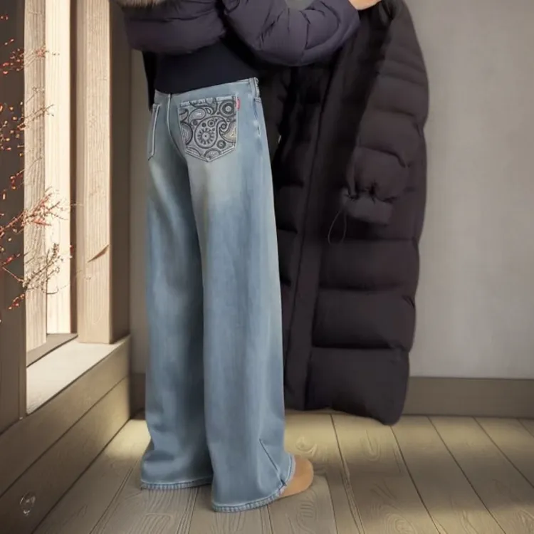 宿慕SUMU潮流保暖加绒阔腿牛仔裤11-17秋冬时尚百搭牛仔长裤35096