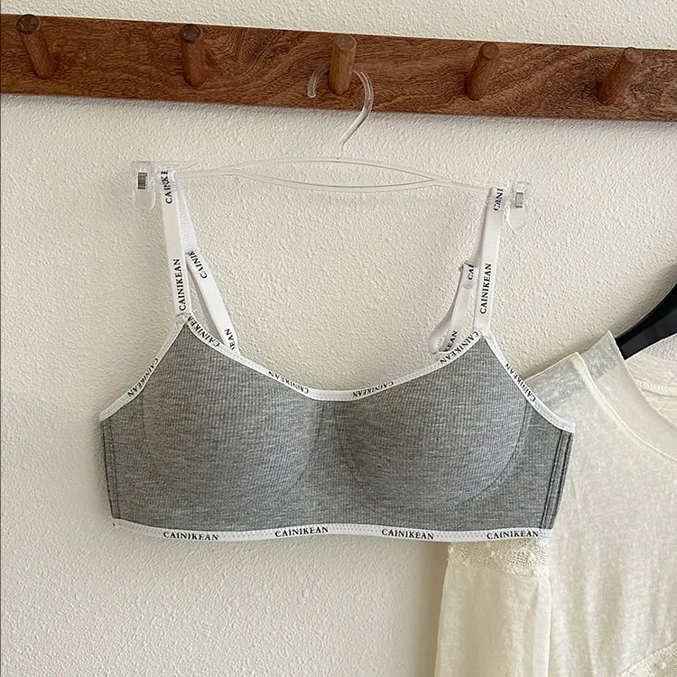 撞色字母肩带内衣女小胸聚拢显大无钢圈夏季薄款螺纹舒适透气文胸