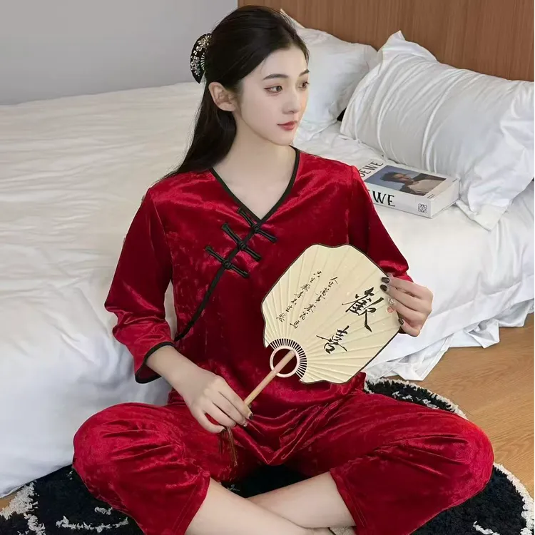 金丝绒网红红色大码休闲时尚宽松长款家居服#508-5