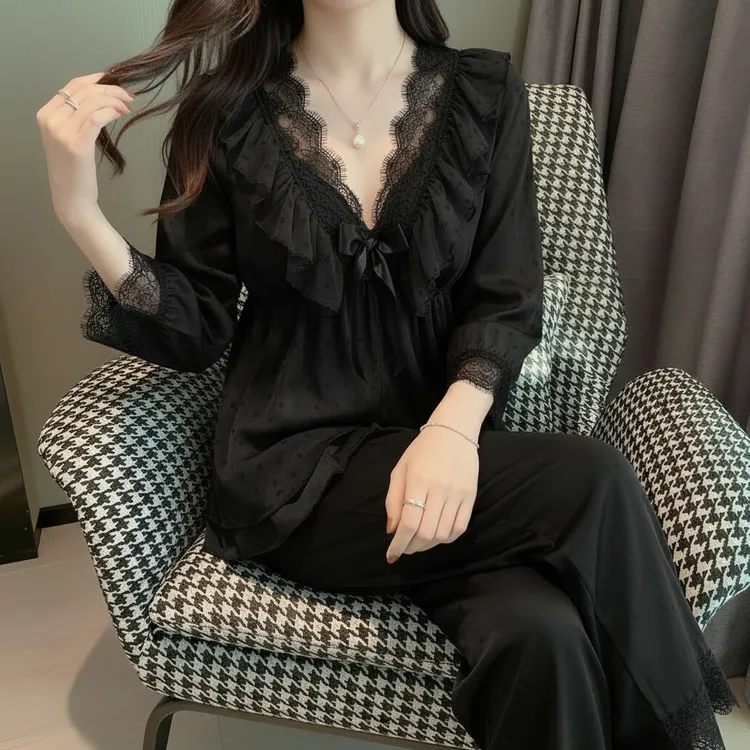 法式宫廷风水光绸睡衣女春秋款黑色拼接蕾丝性感家居服长袖套装