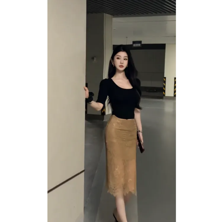 纯欲性感黑色中袖上衣女修身显瘦蕾丝包臀半身裙女夏季新款两件套