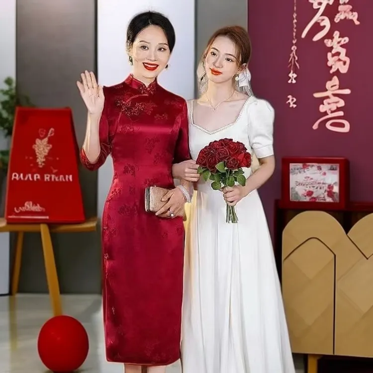 妈妈装婚宴礼服高端丈母娘婚礼服饰喜婆婚宴秋装敬酒高贵婚庆旗袍