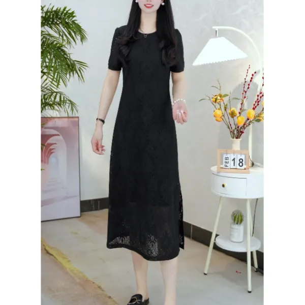 YN035#显瘦蕾丝气质时尚黑色夏季中长款连衣裙