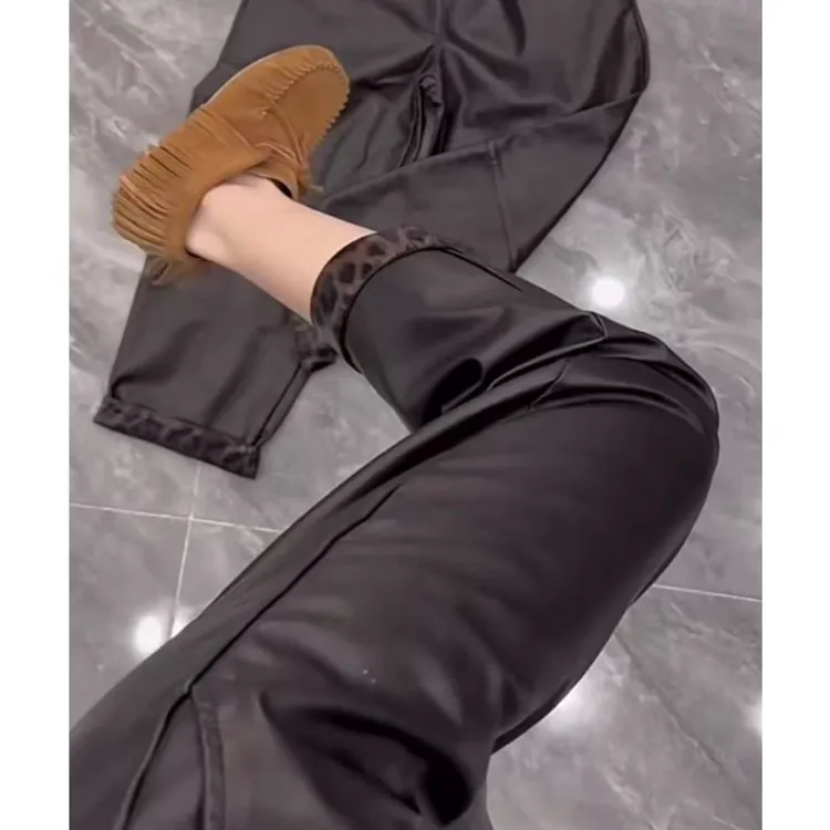 2025秋冬爆款安可拉红高腰显瘦PU皮裤宽松哈伦裤豹纹时尚九分裤潮