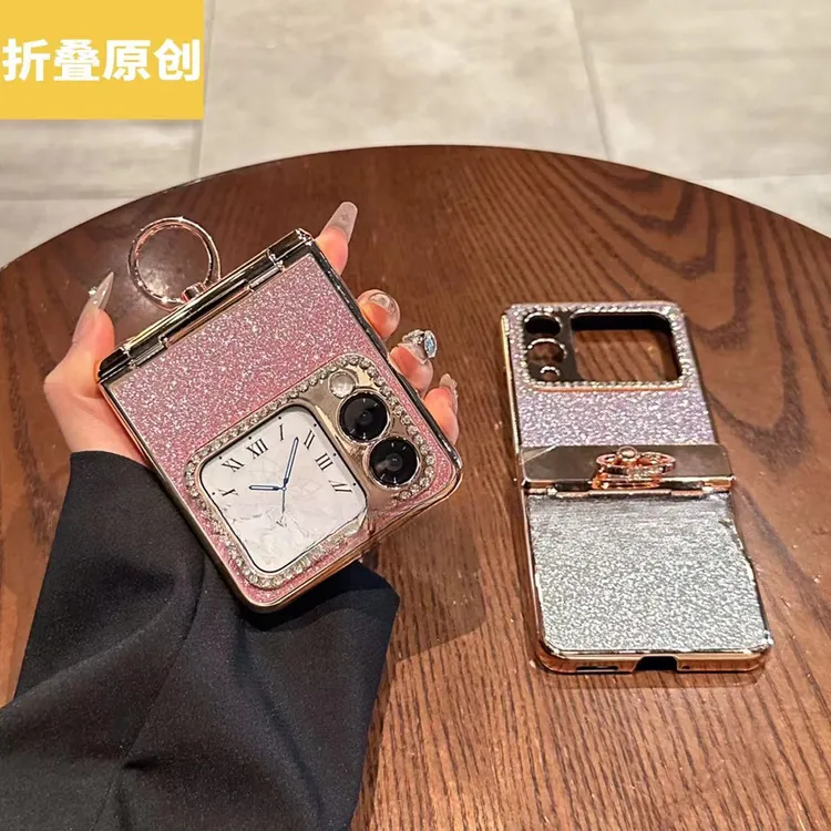 适用华为novaflip手机壳novaflip折叠屏奢华电镀镶钻指环渐变闪粉
