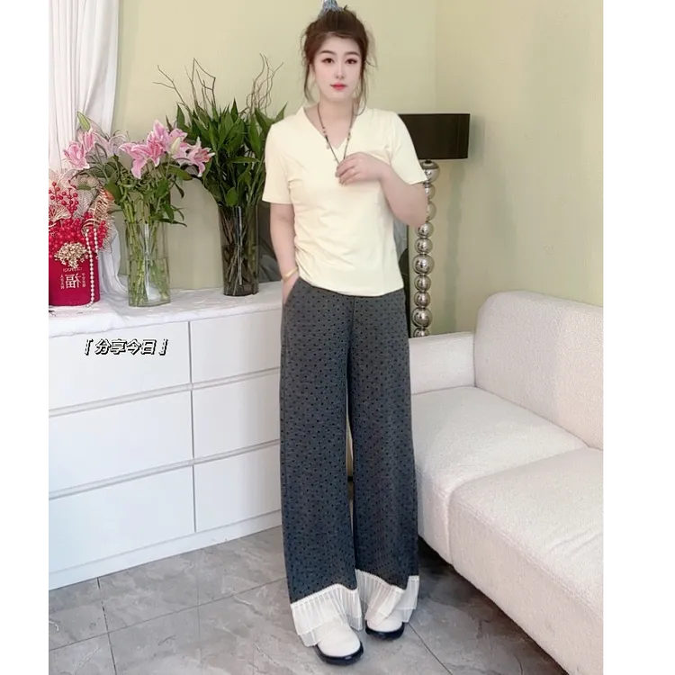 春季波点蕾丝花边松紧腰高弹力个性女裤