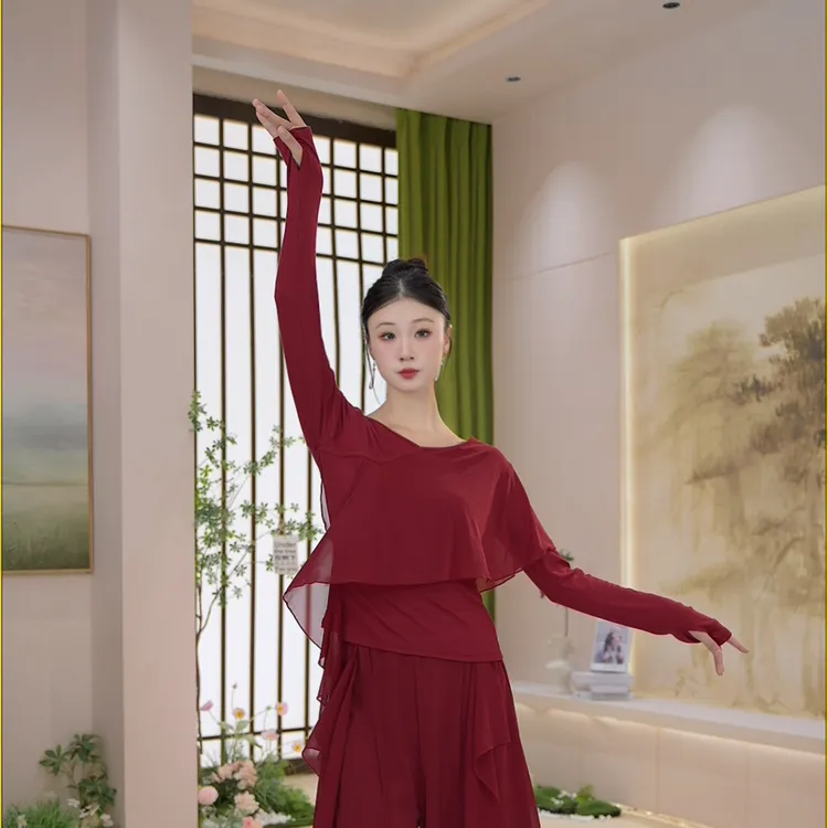 055拼接水纱气质优雅短袖长袖初秋新款舞蹈服显瘦形体服中国舞