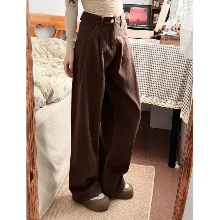 美拉德深咖色阔腿牛仔裤女秋季高腰垂感宽松直筒拖地裤梨形身材