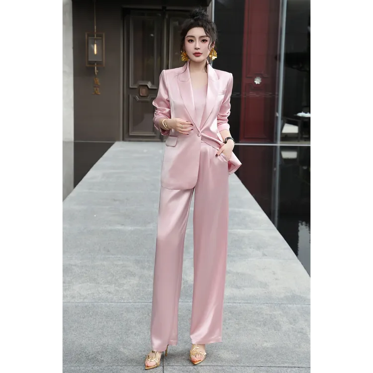 ZEROYK时尚套装女2025夏季新款设计感醋酸西服吊带长裤职业三件套