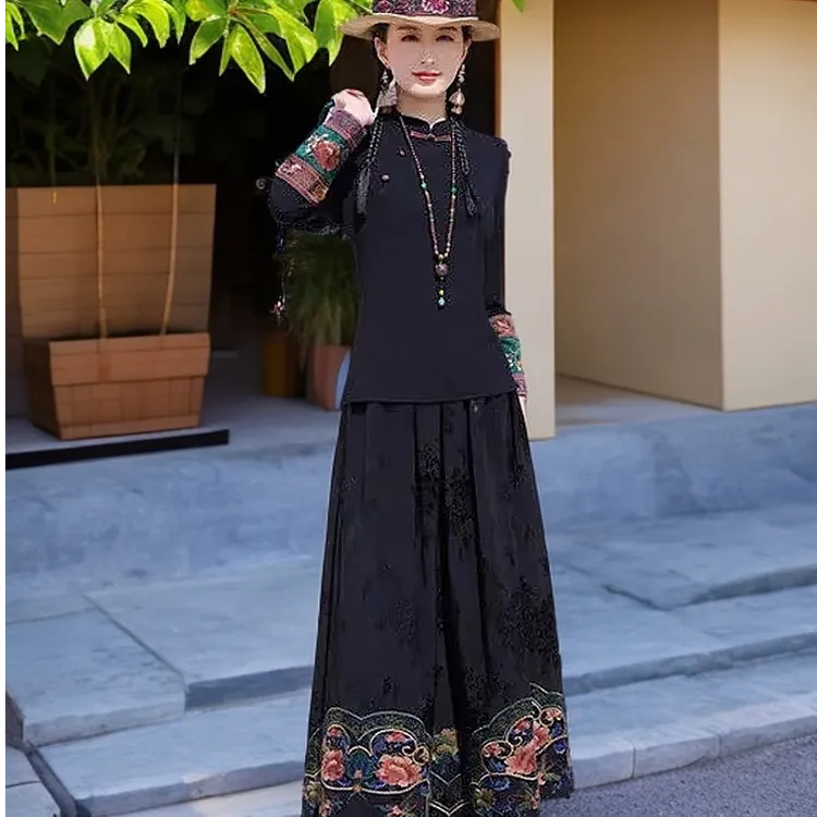 秋冬新款民族风女装精致提花时尚绣花裙刺绣黑色松紧腰显瘦半身裙