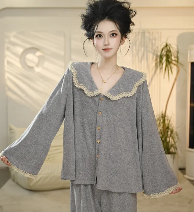 VINEEMAN【暮烟蕾丝】甜美蕾丝边翻领睡衣秋冬新款保暖家居服套装