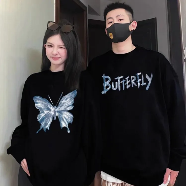 【两件装】韩版情侣装卫衣蝴蝶春秋季2025新款纯棉高级感潮牌圆领