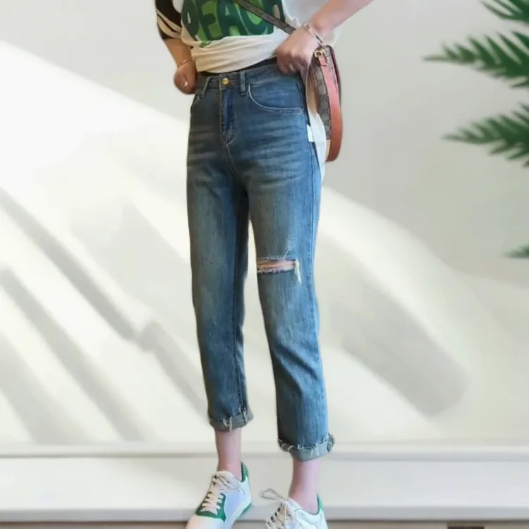 梨形身材破洞直筒牛仔裤女夏季新款胖mm高腰显瘦烟管弹力九分裤子