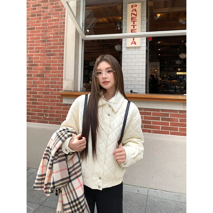 【绵密泡沫】冬季韩系温柔甜美可爱宽松菱格翻领棉服254N4324