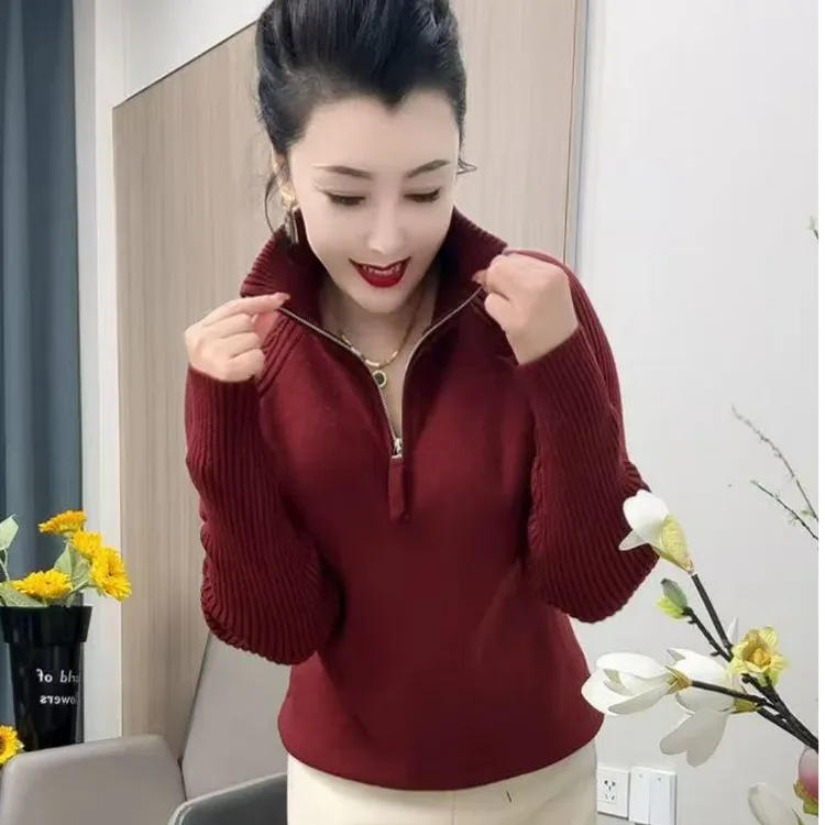 半拉链针织衫正肩袖秋季长袖时尚衫毛针织衫女半拉链针织翻领
