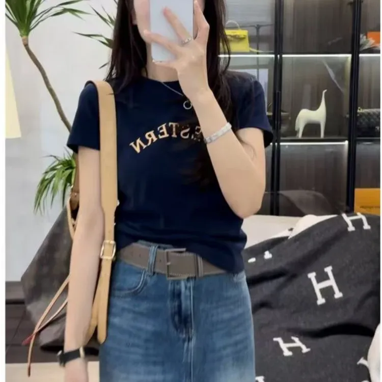 设计感圆领字母短袖t恤女2025夏季新款时尚百搭修身显瘦半袖上衣