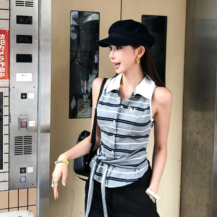 李婉君夏季修身显瘦条纹无袖上衣针织辣妹性感外穿复古背心短款打