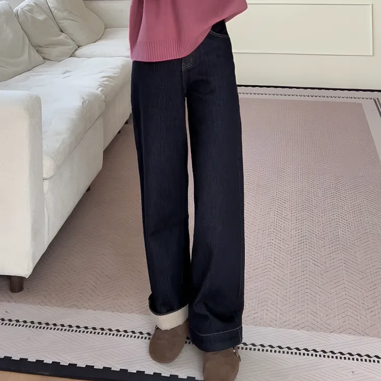 【余欢欢】冬季时尚韩系重工加绒直筒牛仔裤-YHK50401