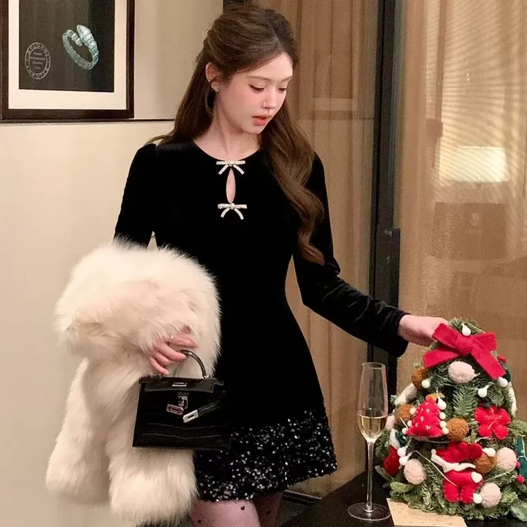 SS25888秋冬新年战袍富家千金穿搭大方得体绝美法式丝绒连衣裙