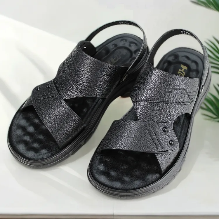 二哥头层牛皮新款夏季透气外穿防滑耐磨厚底穿拖两用沙滩鞋男7102